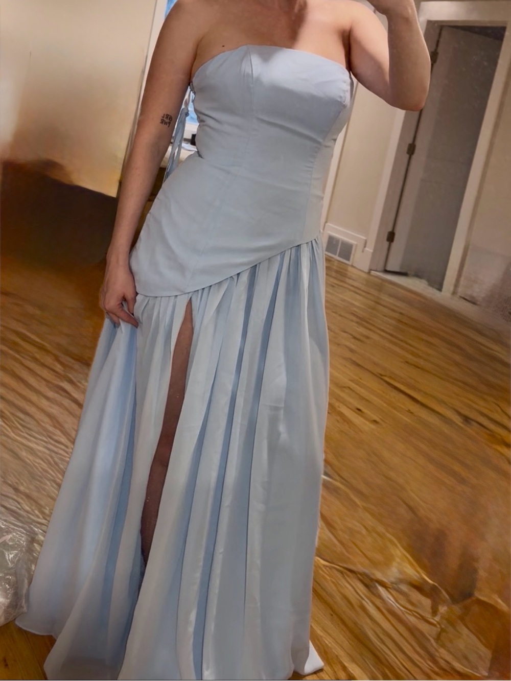 Strapless Light Blue Evening Gown with Side Slit